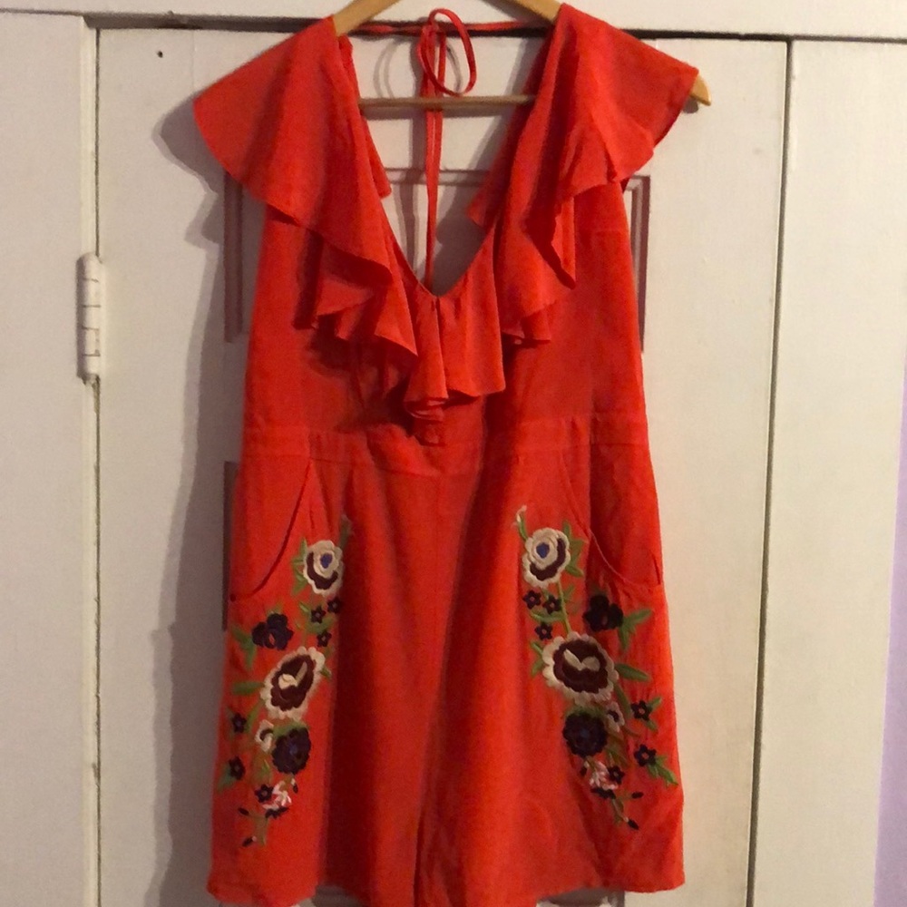 Coral embroidered romper